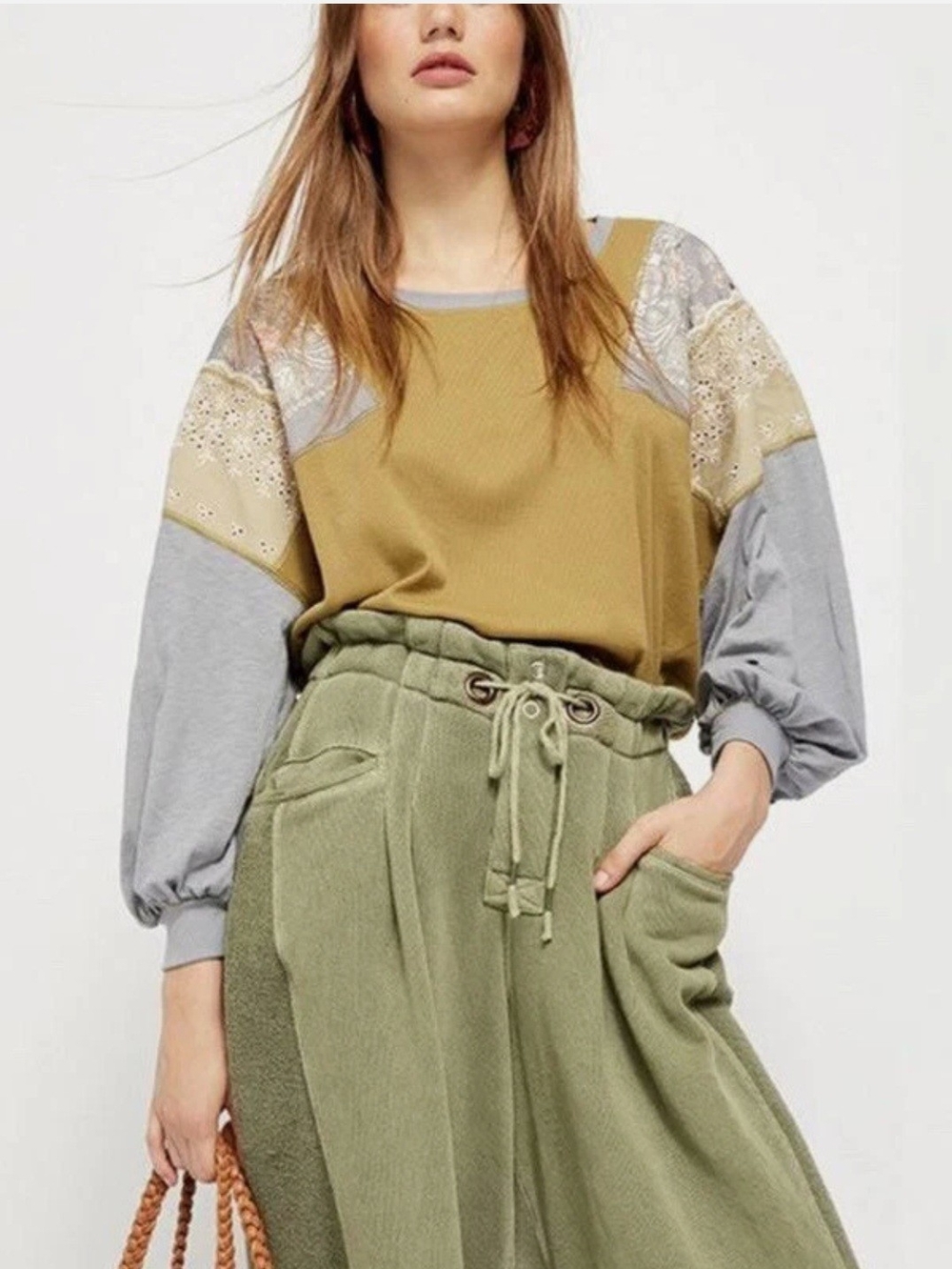 FREE PEOPLE Feelin it Colorblock Army Combo Long Sleeve Boho Shirt Size Medium